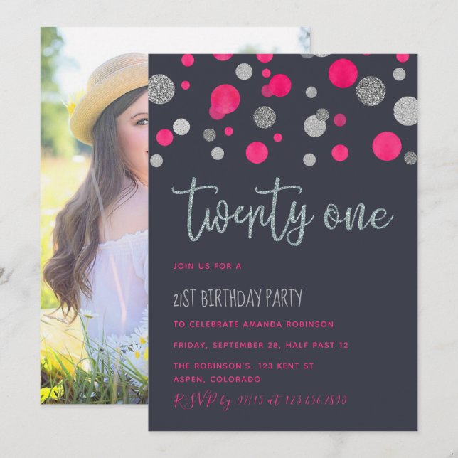 21st Birthday Party glitter confetti invitation (Front/Back)