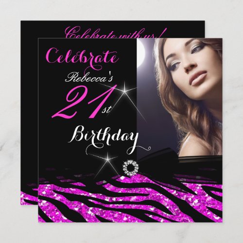 21st Birthday Party Glitter Hot Pink Zebra 4a Invitation