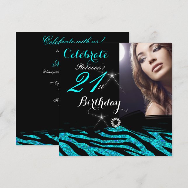 21st Birthday Party Glitter Teal Blue Zebra 4a Invitation (Front/Back)