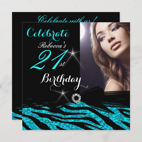 21st Birthday Party Glitter Teal Blue Zebra 4a Invitation