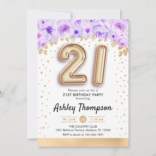 21st Birthday Party - Gold Balloons Purple Invitation (Front)