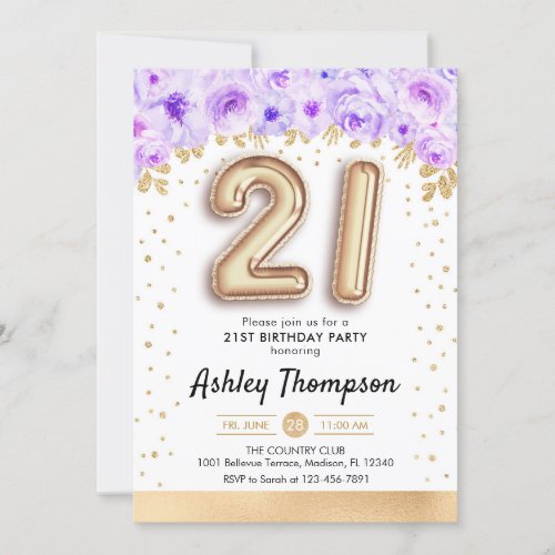 21st Birthday Party _ Gold Balloons Purple Invitation