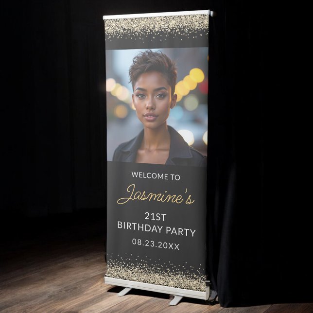 21st Birthday Party Gold Black Glitter Photo Retractable Banner (Creator Uploaded)