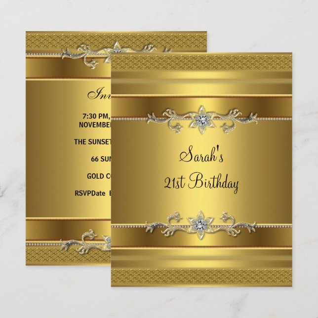 21st Birthday Party Gold Diamond Jewel Invitation (Front/Back)