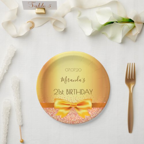 21st birthday party gold elegant bow name paper plates