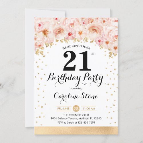 21st Birthday Party _ Gold Flowers Invitation