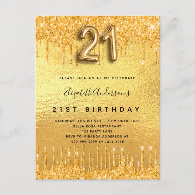 21st birthday party gold glitter drips invitation postcard (Front)