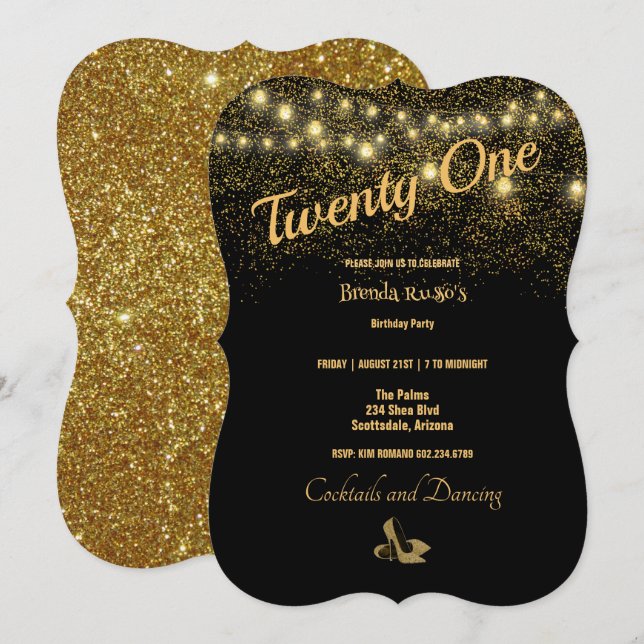 21st Birthday Party Gold Glitter Stilettos Birthda Invitation (Front/Back)