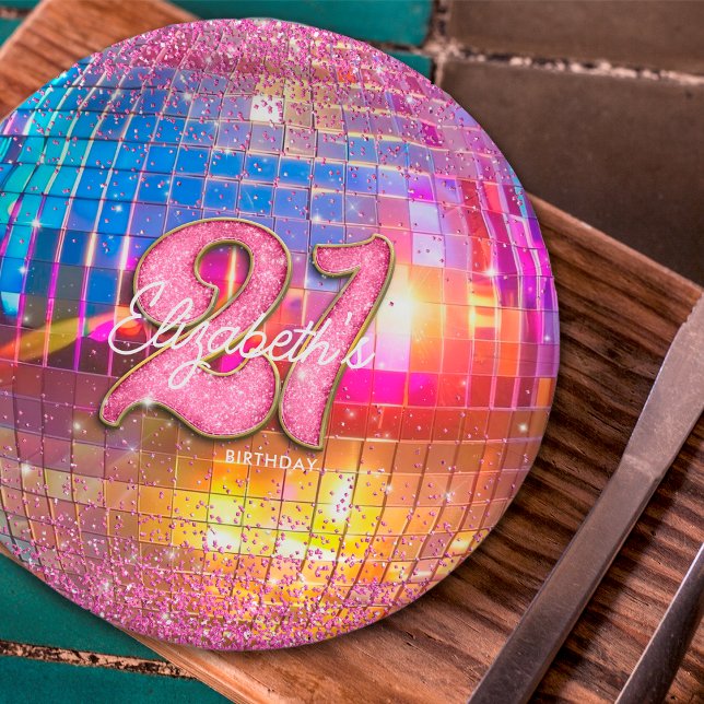21st Birthday Party Gold Pink Glitter Disco Ball Paper Plates (Creator Uploaded)