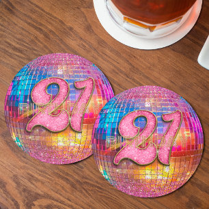 21st Birthday Party Gold Pink Glitter Disco Ball Round Paper Coaster