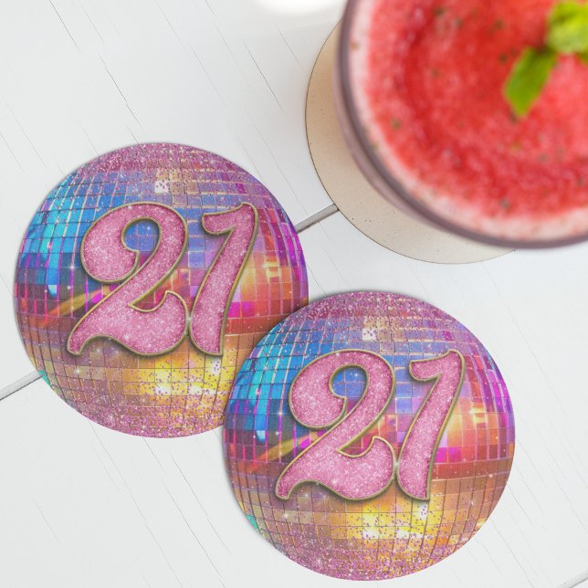 21st Birthday Party Gold Pink Glitter Disco Ball Round Paper Coaster (Creator Uploaded)
