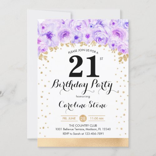 21st Birthday Party _ Gold Purple Flowers Invitation