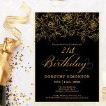 21st Birthday Party Gold Rose Floral Black Invitation<br><div class="desc">Elegant open line gold roses create the perfect top border. The black background gives in a dramatic vibe and the calligraphy adds a luxe touch. This invitation is part of the Luxe Gold Rose Collection. It contains templates for birthday suite stationery,  welcome signs and party decorations.</div>