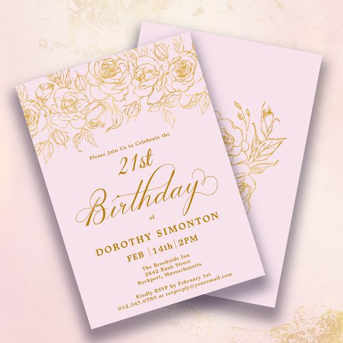 21st Birthday Party Gold Rose Floral Blush Pink Invitation