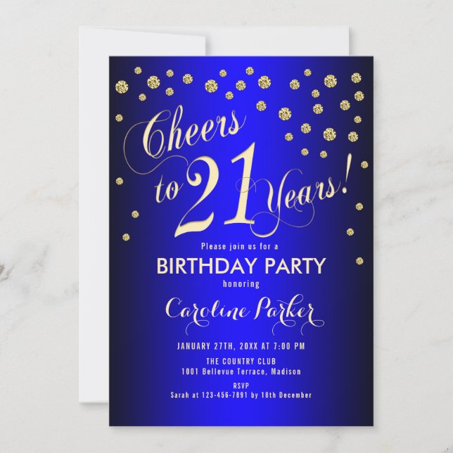 21st Birthday Party - Gold Royal Blue Invitation (Front)