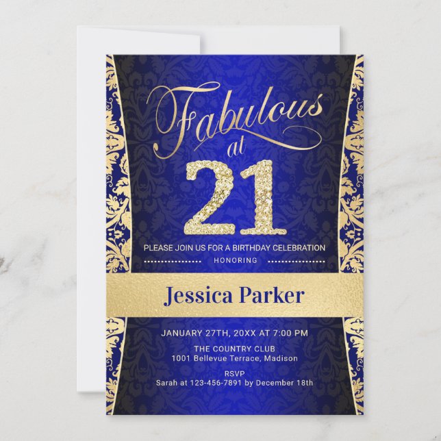 21st Birthday Party - Gold Royal Blue Invitation (Front)