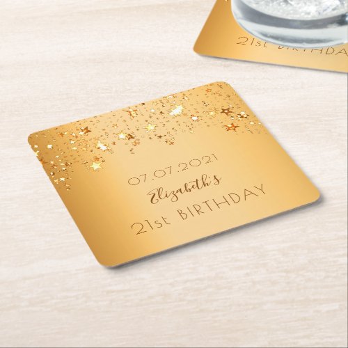 21st birthday party gold stars name square paper coaster