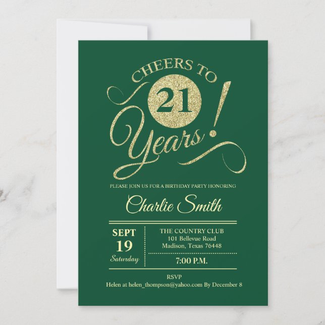 21st Birthday Party - Green Gold Invitation (Front)
