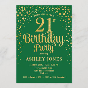 21st Birthday Party - Green & Gold Invitation