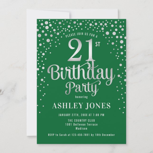 21st Birthday Party - Green & Silver Invitation (Front)