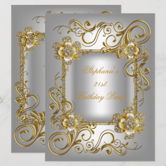 21st Birthday Party Grey Silver Gold Diamond 3 Invitation (Front/Back)