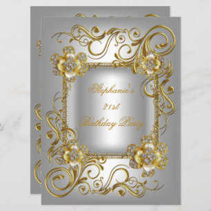 21st Birthday Party Grey Silver Gold Diamond 3 Invitation