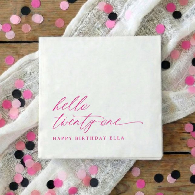 21st Birthday Party Hello 21 Modern Hot Pink Napkins (Pink hello 21 minimalist script 21st birthday party napkins)