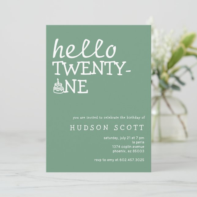  21st Birthday Party Hello Twenty-One Sage Green Invitation (Standing Front)