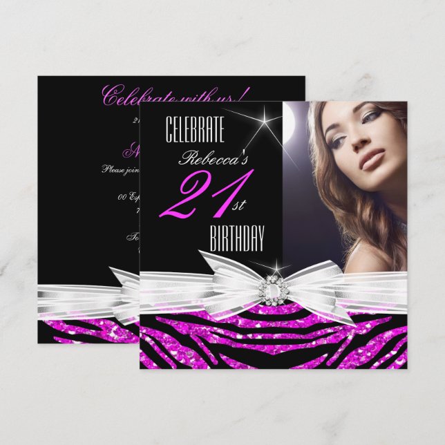 21st Birthday Party Hot Pink 21 Zebra Photo 3 Invitation (Front/Back)