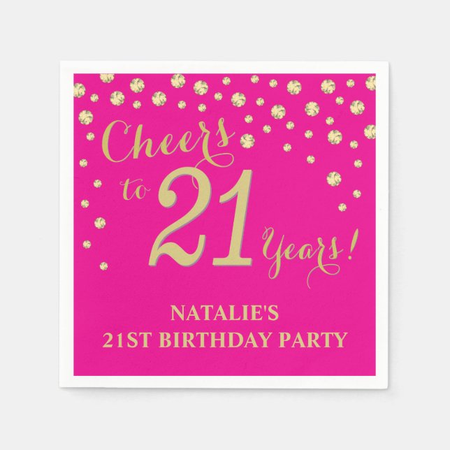 21st Birthday Party Hot Pink and Gold Diamond Napkins (Front)