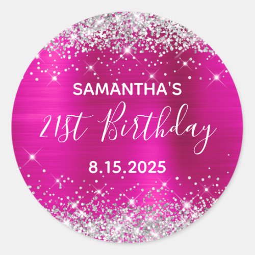 21st Birthday Party Hot Pink and Silver Glitter Classic Round Sticker
