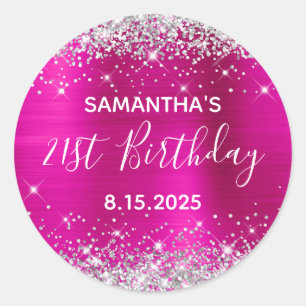 21st Birthday Party Hot Pink and Silver Glitter Classic Round Sticker
