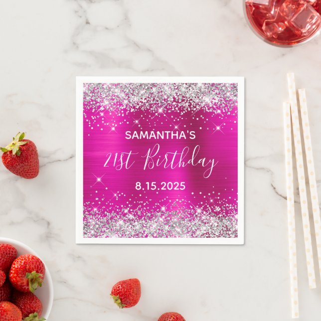 21st Birthday Party Hot Pink and Silver Glitter Napkins (Insitu)