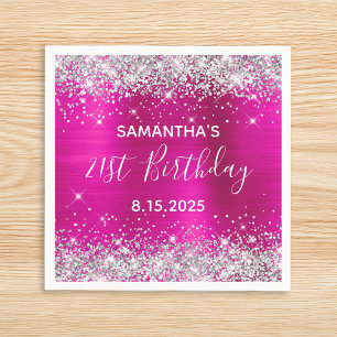21st Birthday Party Hot Pink and Silver Glitter Napkins