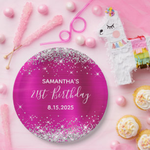 21st Birthday Party Hot Pink and Silver Glitter Paper Plates