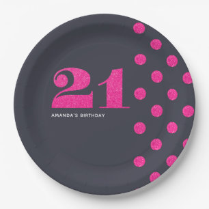 21st Birthday Party Hot-Pink glitter personalized Paper Plates