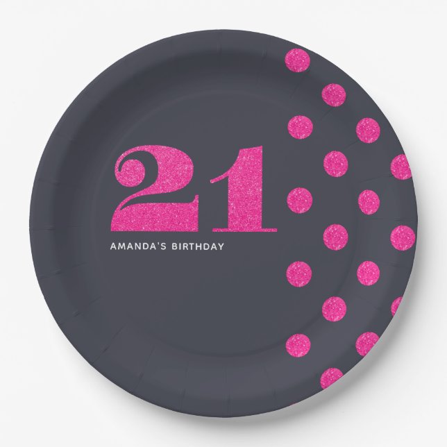21st Birthday Party Hot-Pink glitter personalized Paper Plates (Front)