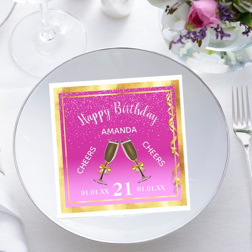 21st birthday party hot pink gold cheers napkins