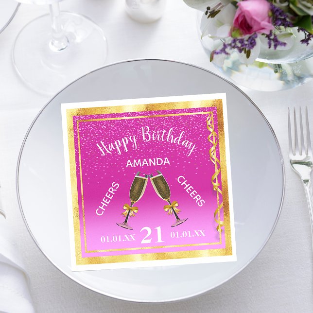 21st birthday party hot pink gold cheers napkins (Creator Uploaded)