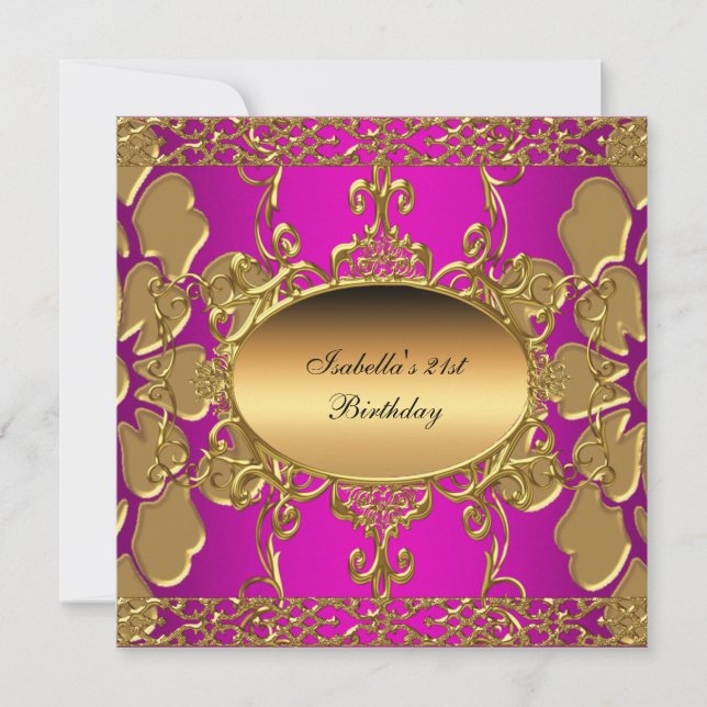 21st Birthday Party Hot Pink Gold Flourish Gold Invitation (Front)