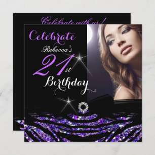 21st Birthday Party Hot Purple 21 Zebra Photo 4 Invitation