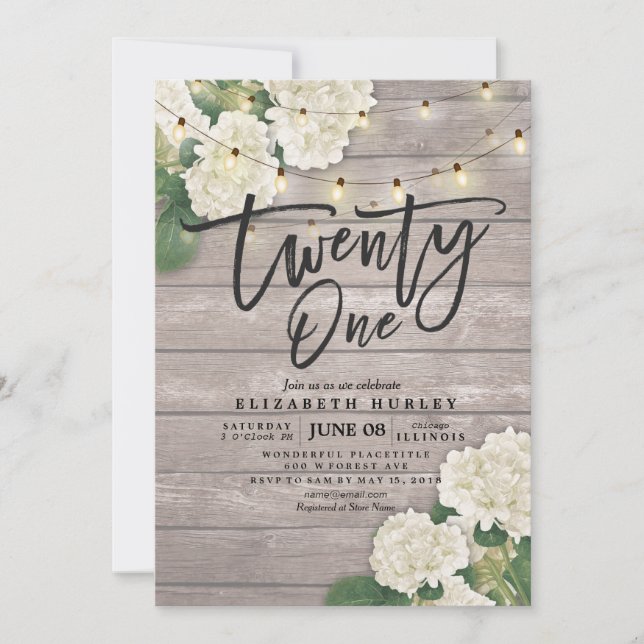 21st Birthday Party Hydrangea Flowers Lights Wood Invitation (Front)