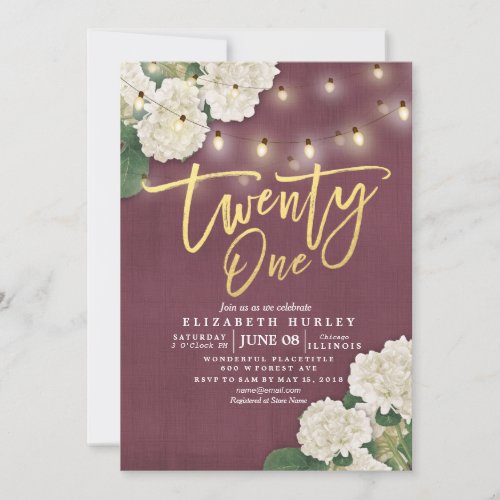 21st Birthday Party Hydrangea Flowers String Light Invitation