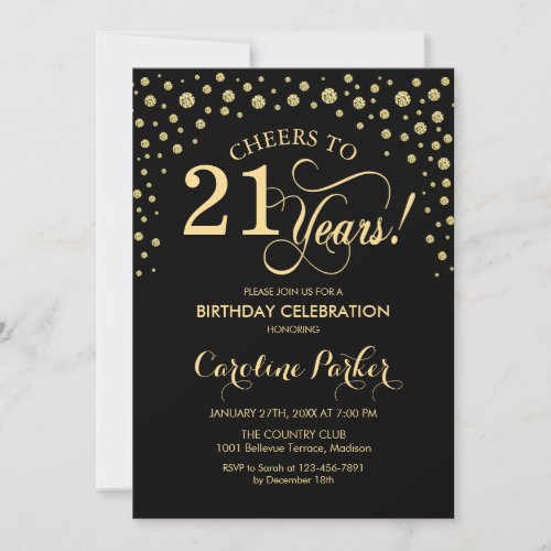 21st Birthday Party Invitation - Gold Black