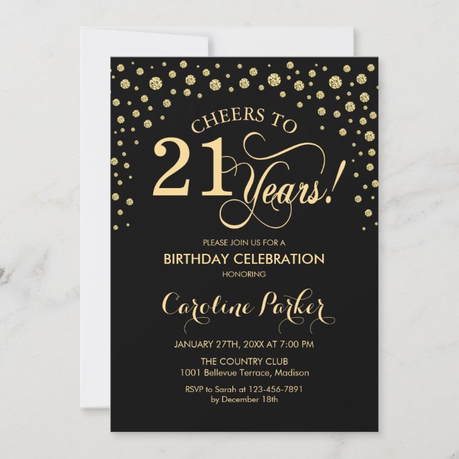 21st Birthday Party Invitation - Gold Black (Front)