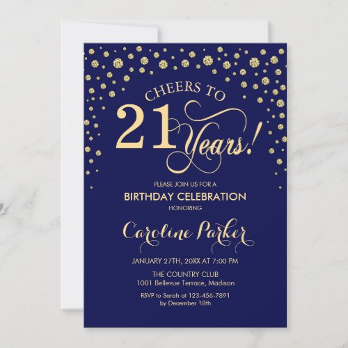 21st Birthday Party Invitation - Gold Navy Blue