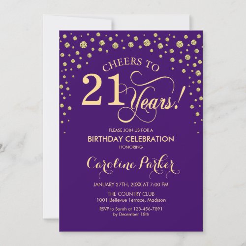 21st Birthday Party Invitation - Gold Purple