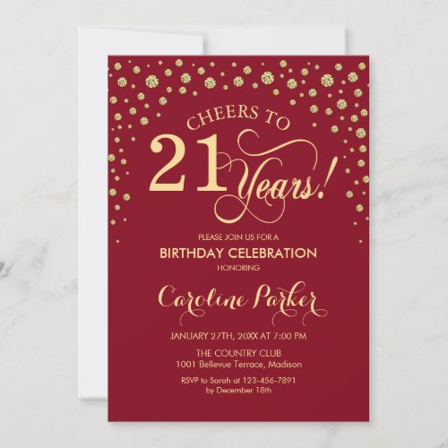 21st Birthday Party Invitation - Gold Red