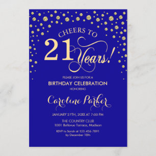 21st Birthday Party Invitation - Gold Royal Blue