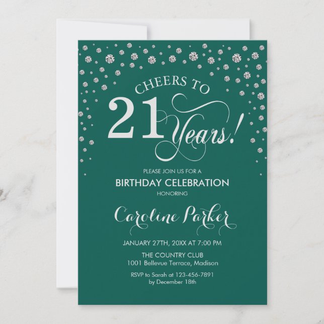 21st Birthday Party Invitation - Silver Green (Front)